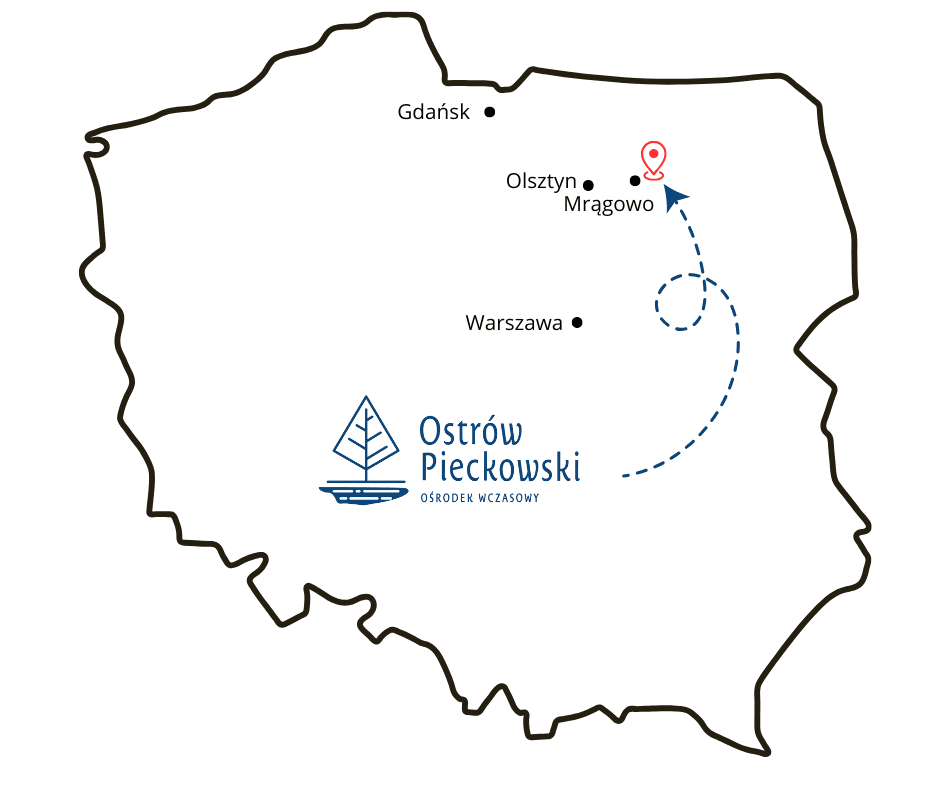 Mapa Polski z zaznaczoną trasą do ośrodka wczasowego Ostrów Pieckowski na Mazurach